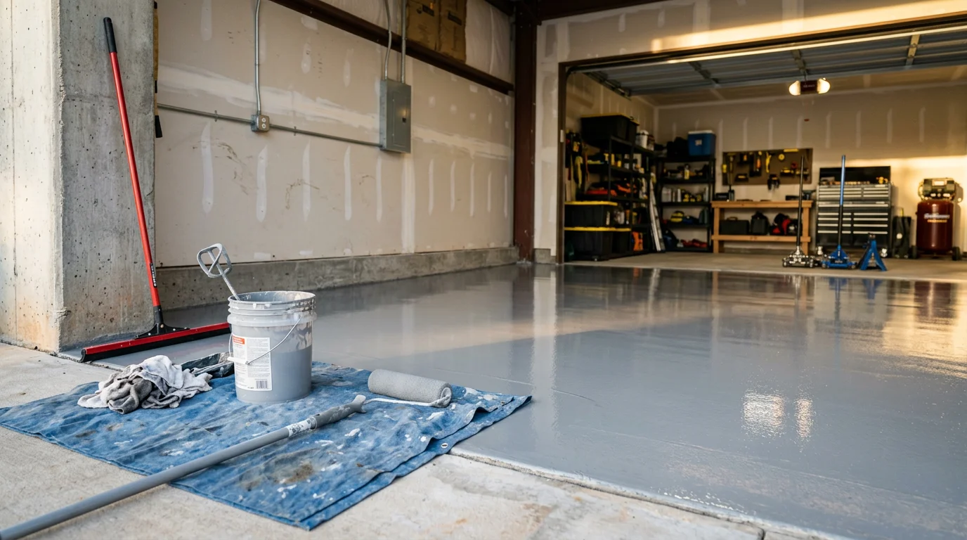 Glossy epoxy flooring installed in a modern garage with professional finish