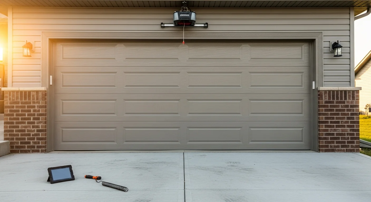Residential garage door installed on home exterior