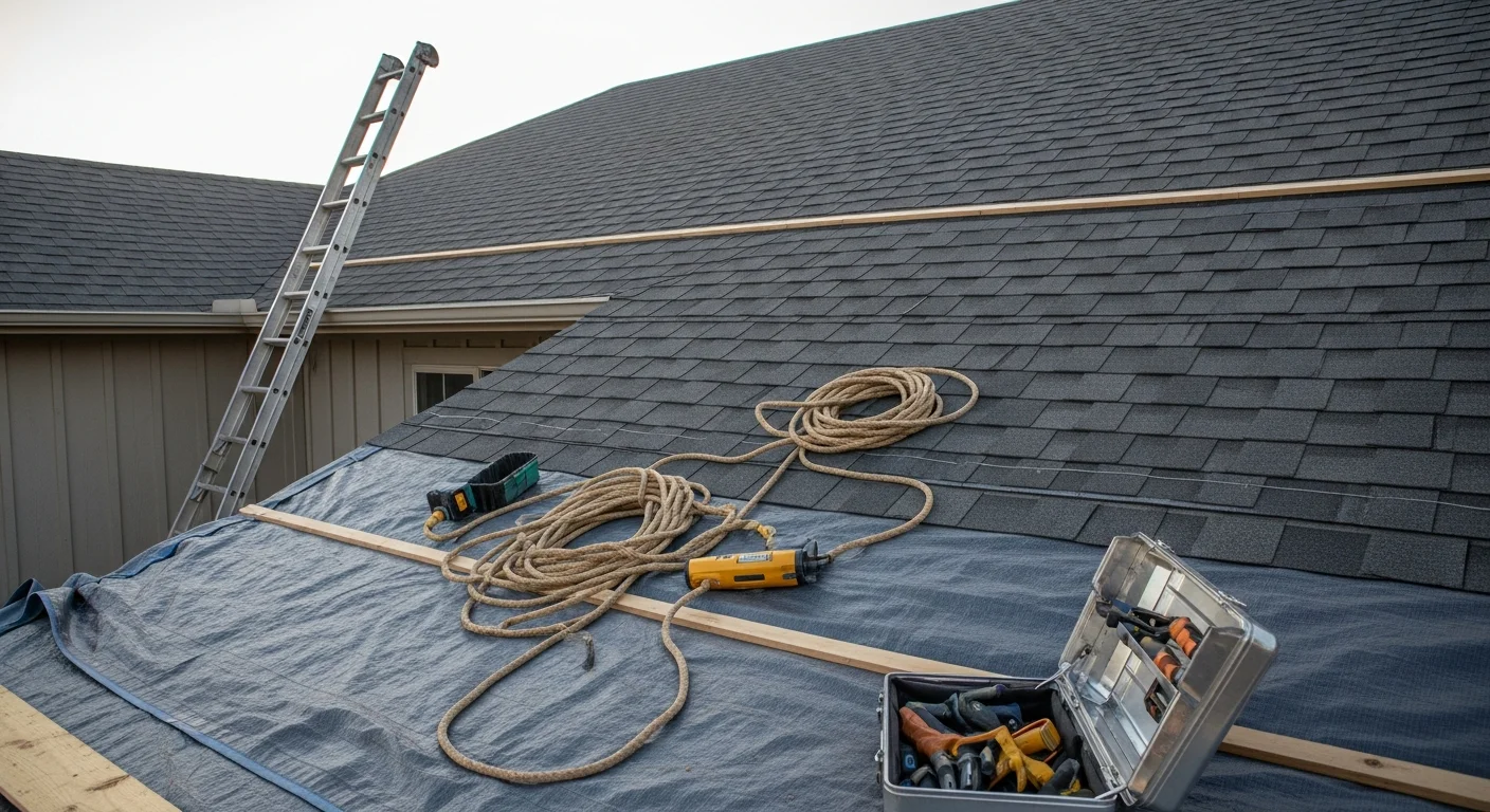 Professional roofer installing shingles on residential home