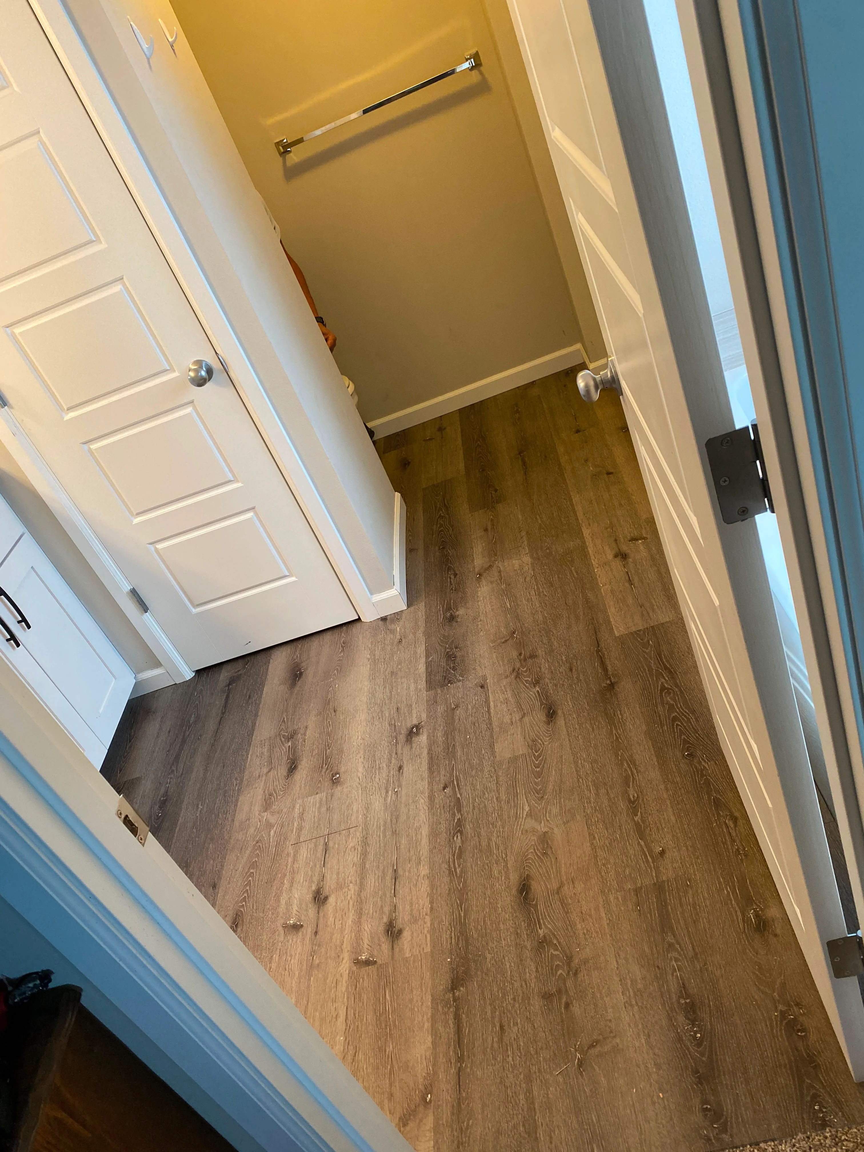 Hallway with luxury vinyl plank flooring, painted drywall, and chrome hardware