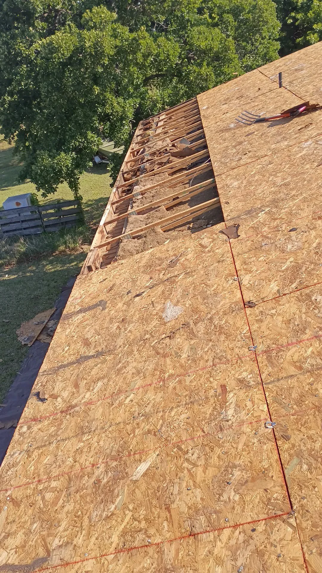Aerial view of residential roof framing with wooden trusses and OSB sheathing during construction