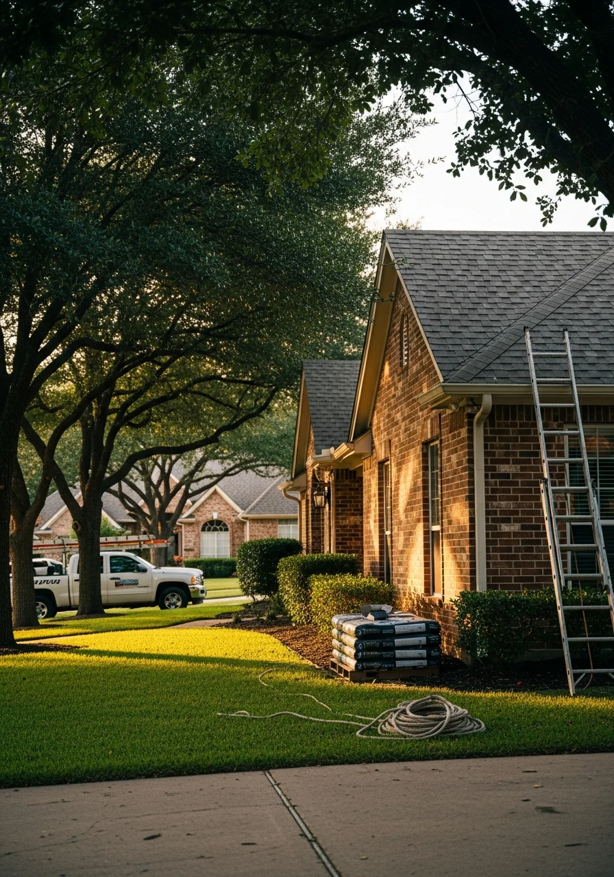 Professional and homeowner discussing property at Dallas-area home with suburban setting visible.