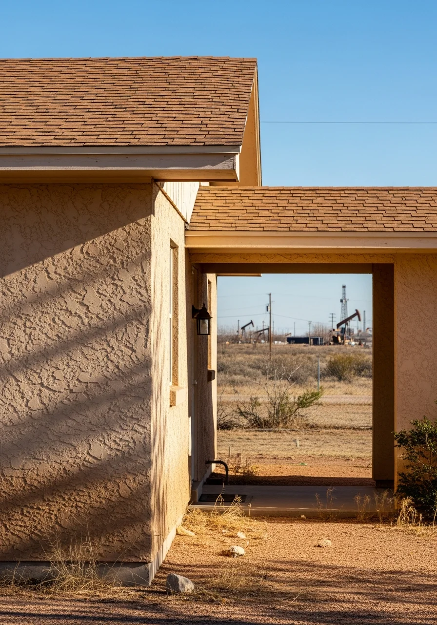 Service professional and homeowner at Midland home with arid landscape visible.
