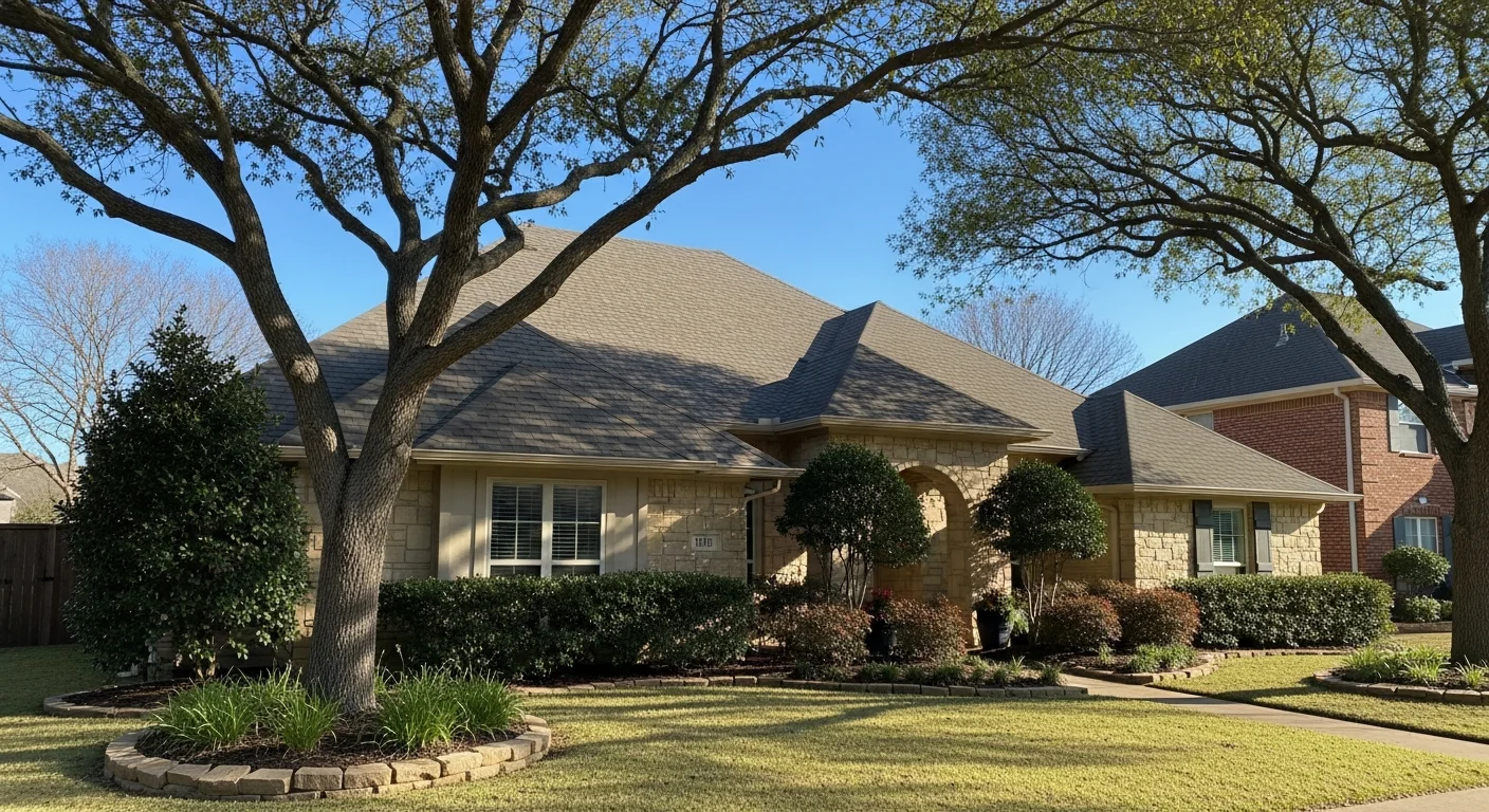 Residential home in Oklahoma City neighborhood with mature trees and well-maintained landscaping under clear blue sky.