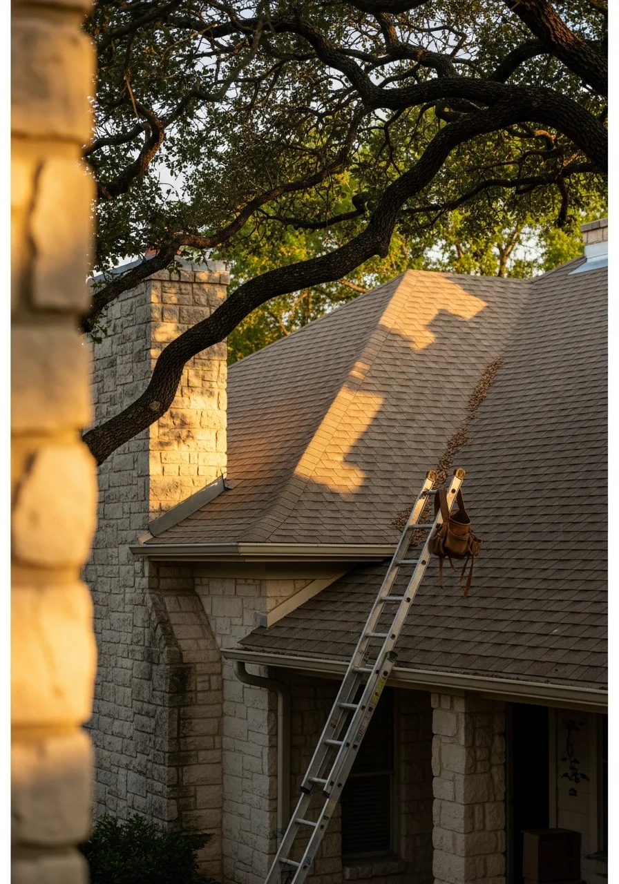 Service professional and homeowner at San Antonio home with neighborhood context visible.