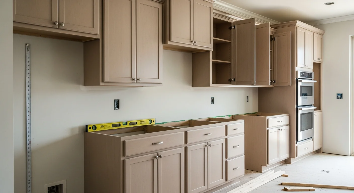 Newly installed white shaker-style kitchen cabinets in an Oklahoma City home, with clean door alignment and open wall space ready for countertops. A bathroom vanity cabinet with a single-basin cutout sits staged against a freshly prepped wall in the same OKC remodel project.