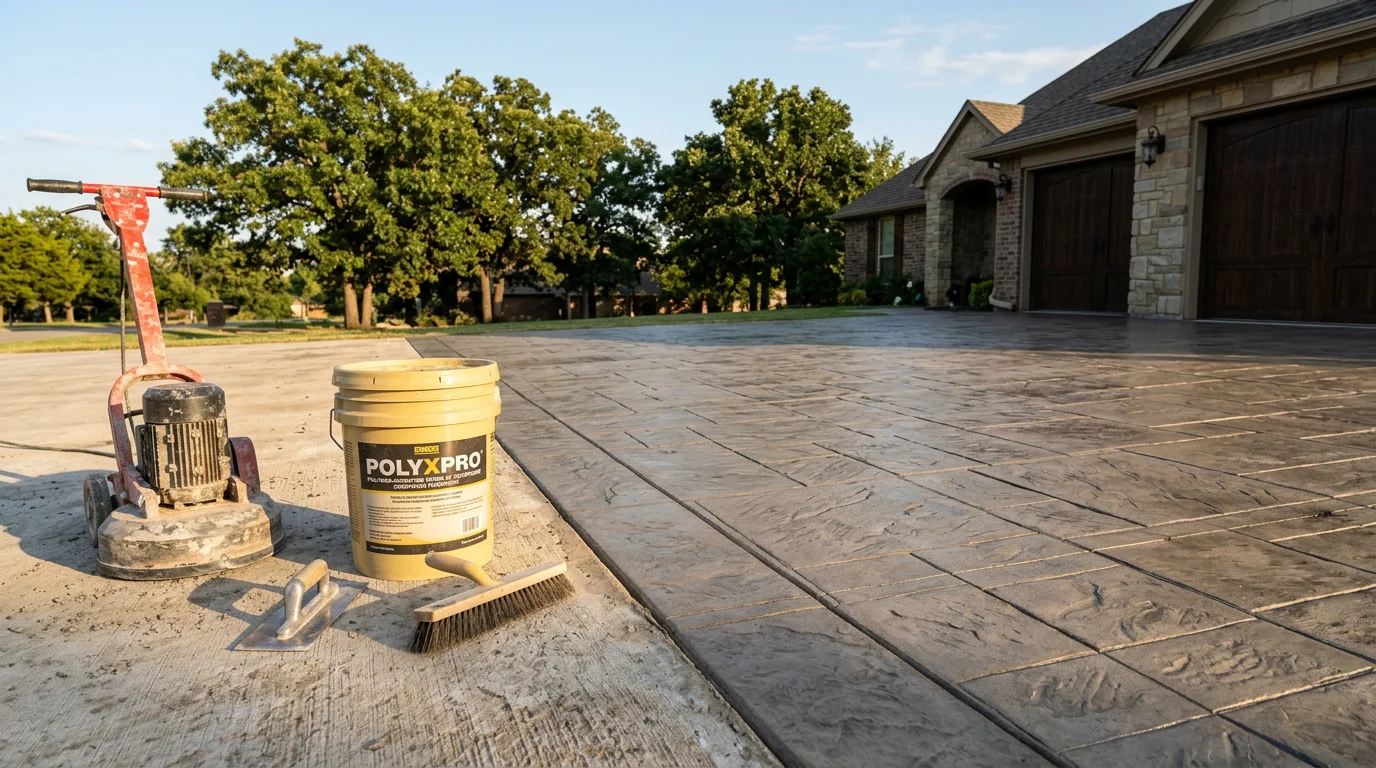 A freshly applied concrete overlay on a residential driveway in Oklahoma City, showing a smooth, sealed surface with a stamped stone-pattern finish. The surrounding yard and home exterior are visible in the background.