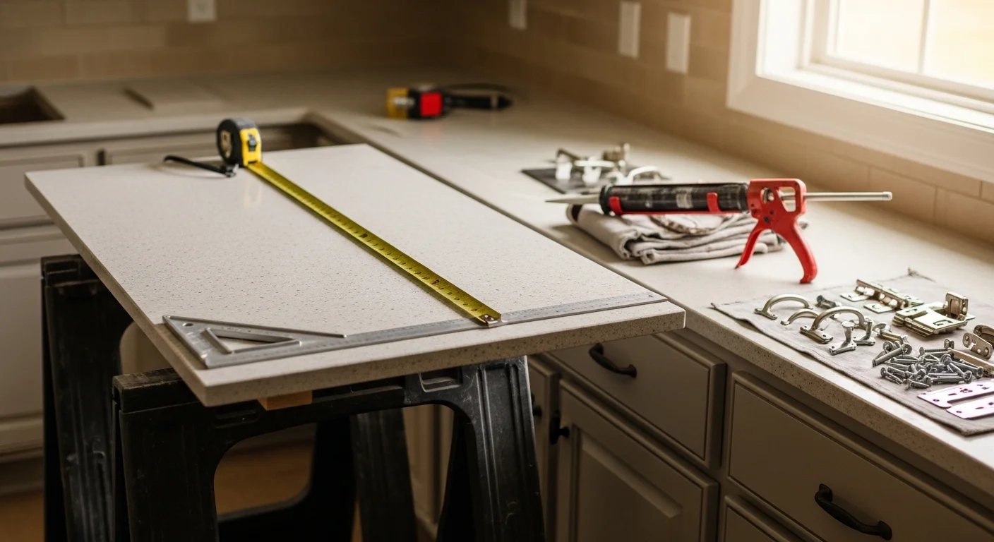 Newly installed stone countertop on white kitchen cabinets inside an Oklahoma City home remodel by Thin Line Roofing and Construction. Clean edge profiles and a fitted sink cutout show finished installation detail.