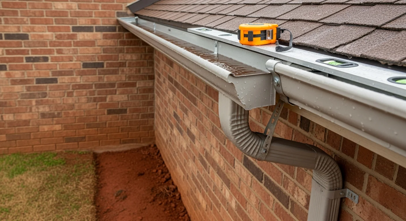 A newly installed aluminum downspout secured to the exterior wall of an Oklahoma City home, routing water from the gutter to a ground-level splash block away from the foundation. The downspout runs along a brick facade with visible bracket fasteners and a clean elbow connection at the base.