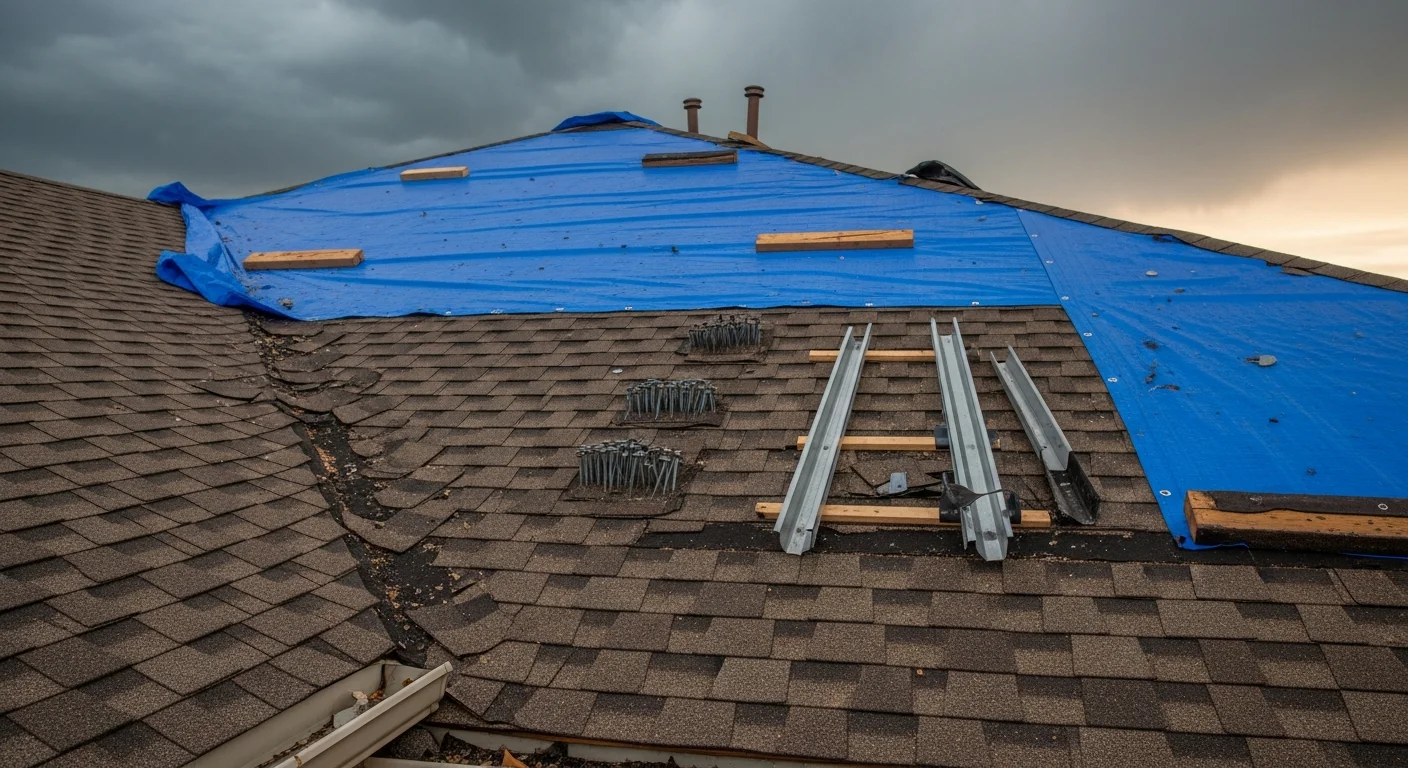 A Thin Line Roofing and Construction crew member inspecting hail and wind damage on a residential roof in Oklahoma City, with missing shingles and exposed underlayment visible. Emergency blue tarping is staged on the roof slope to cover an active leak area following a severe Oklahoma storm.