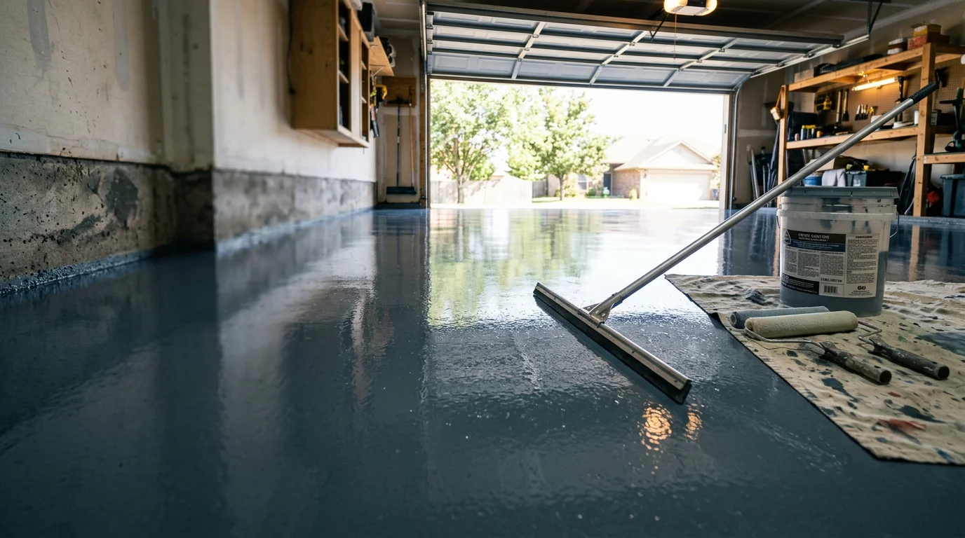 Freshly applied epoxy floor coating on a residential garage slab in Oklahoma City, showing a smooth, sealed surface free of oil stains and concrete cracks. The finished floor reflects overhead lighting and shows the clean, protective finish typical of professional epoxy coating work in the OKC metro area.