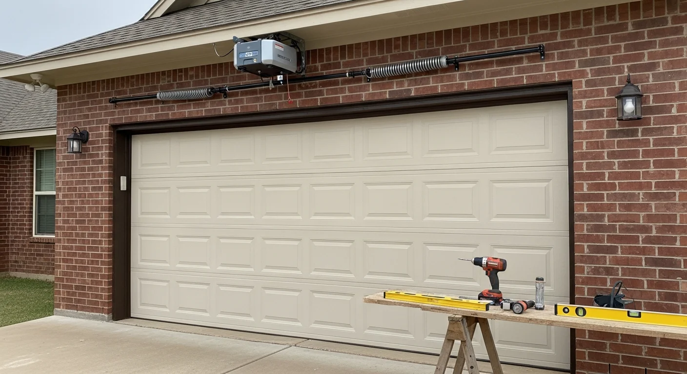 A newly installed insulated sectional garage door on a residential home in Oklahoma City, with clean panel alignment and a finished driveway approach. The door style matches the home's traditional exterior with raised-panel detailing.