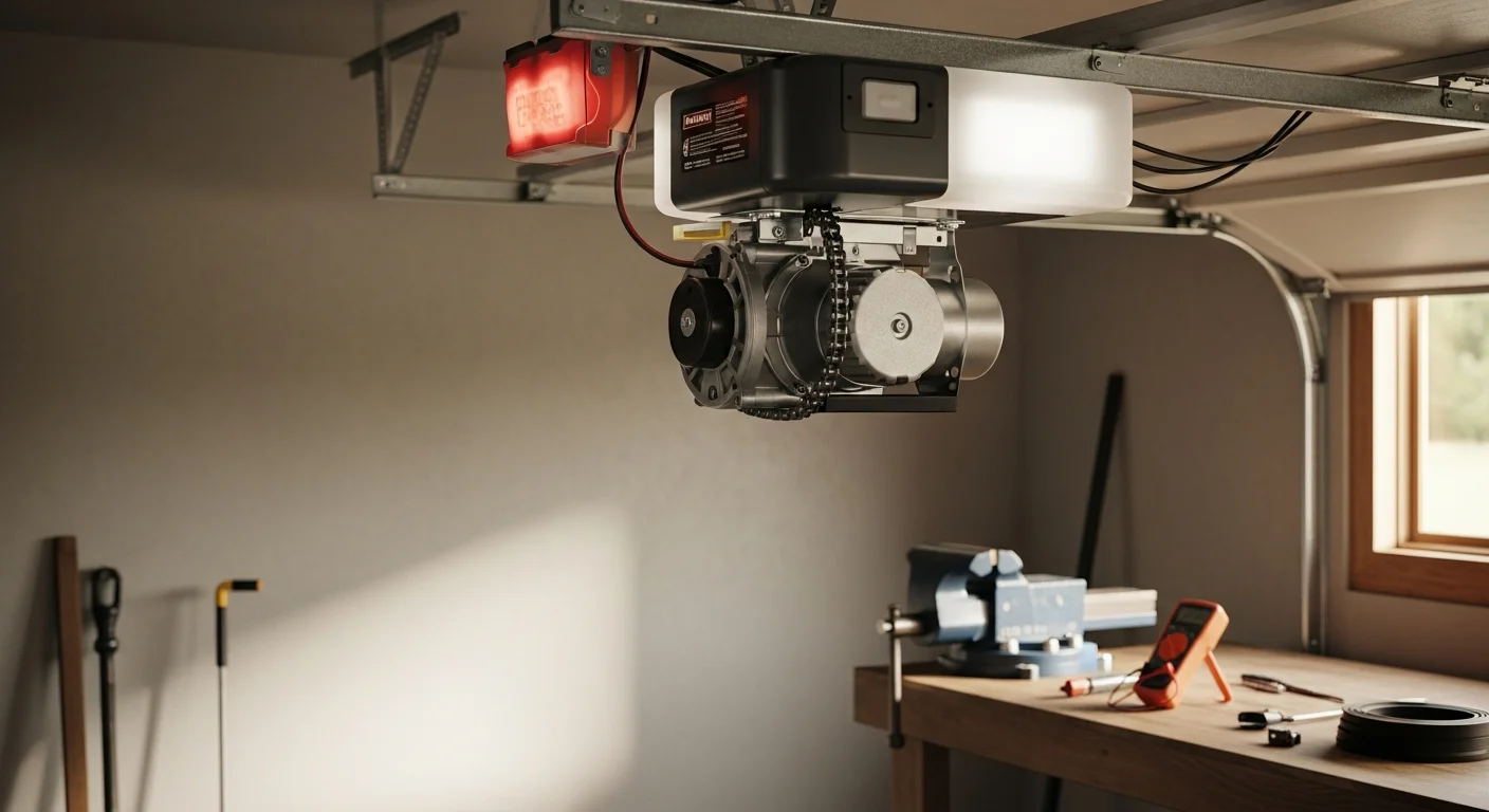 A residential garage door opener unit mounted on the ceiling of an Oklahoma City home garage, with a technician inspecting the drive mechanism and safety sensor wiring. The garage door is partially open, showing the interior of a single-car attached garage.