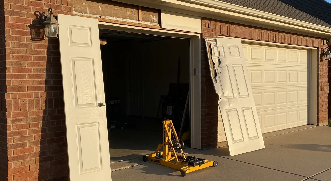 A residential garage door in Oklahoma City with one freshly replaced steel panel that matches the surrounding sections, showing a flush, even surface after hail damage repair. A technician from Thin Line Roofing and Construction stands beside the door confirming alignment.