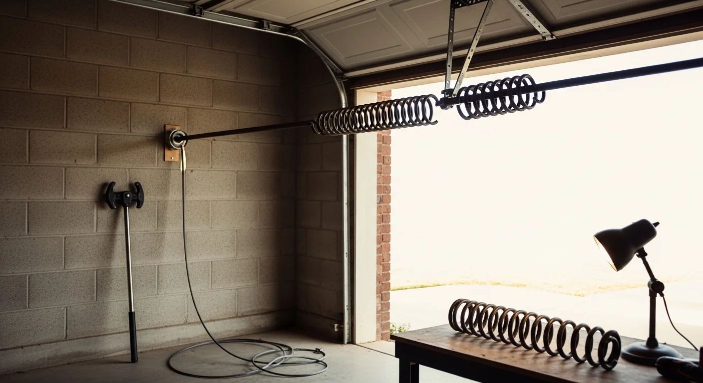 A garage door spring replacement in progress inside an Oklahoma City residential garage, showing a technician working on the torsion spring mounted above the door opening. The garage door is in the down position with tools and a replacement spring visible on the floor nearby.