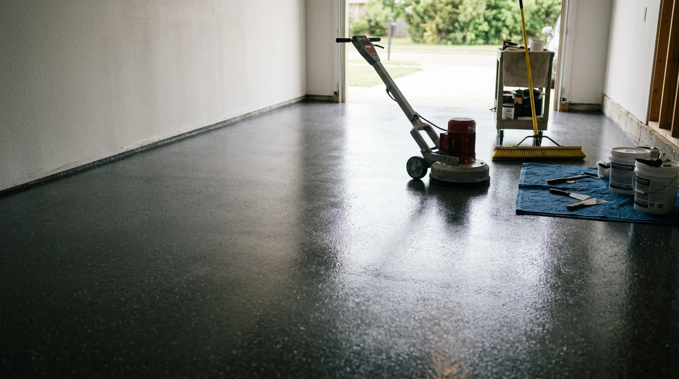 A freshly coated garage floor with a smooth, glossy epoxy finish inside an Oklahoma City residential garage. The sealed concrete surface is clean, evenly coated, and free of stains or cracks.