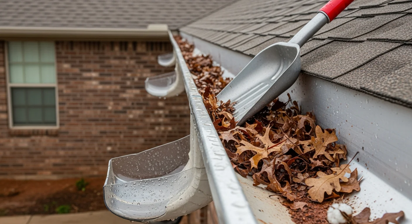 A Thin Line Roofing and Construction crew member removing packed post oak leaves and debris from a residential gutter on an Oklahoma City home. The downspout is being flushed to confirm clear drainage after cleaning.