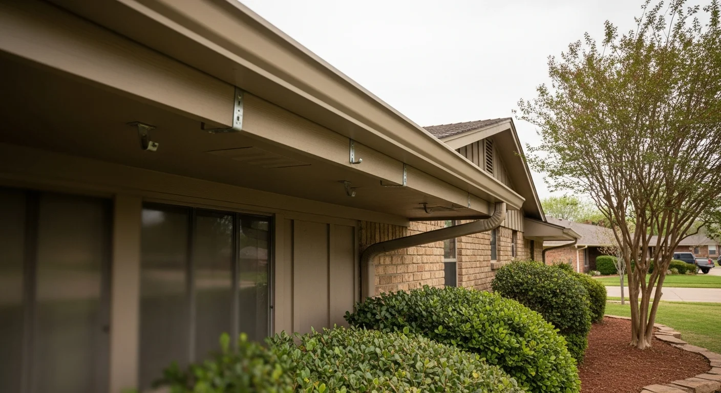 Newly installed gutters running along the roofline of a residential home in Oklahoma City, with downspouts positioned to direct stormwater away from the foundation. Close-up view shows clean fascia mounting and proper slope alignment on a single-story Oklahoma City property.