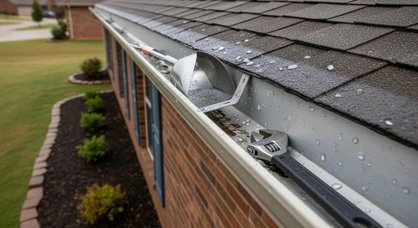 A Thin Line Roofing and Construction crew member inspecting a sagging residential gutter on an Oklahoma City home after a hail storm. Close-up view shows dented gutter run and separated fascia connection along the roofline.