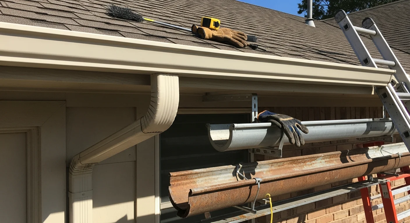 A freshly installed gutter system running along the roofline of an Oklahoma City residential home, with downspouts positioned to direct water away from the foundation. The fascia boards are clean and secure, showing a completed gutter replacement on a single-story home.