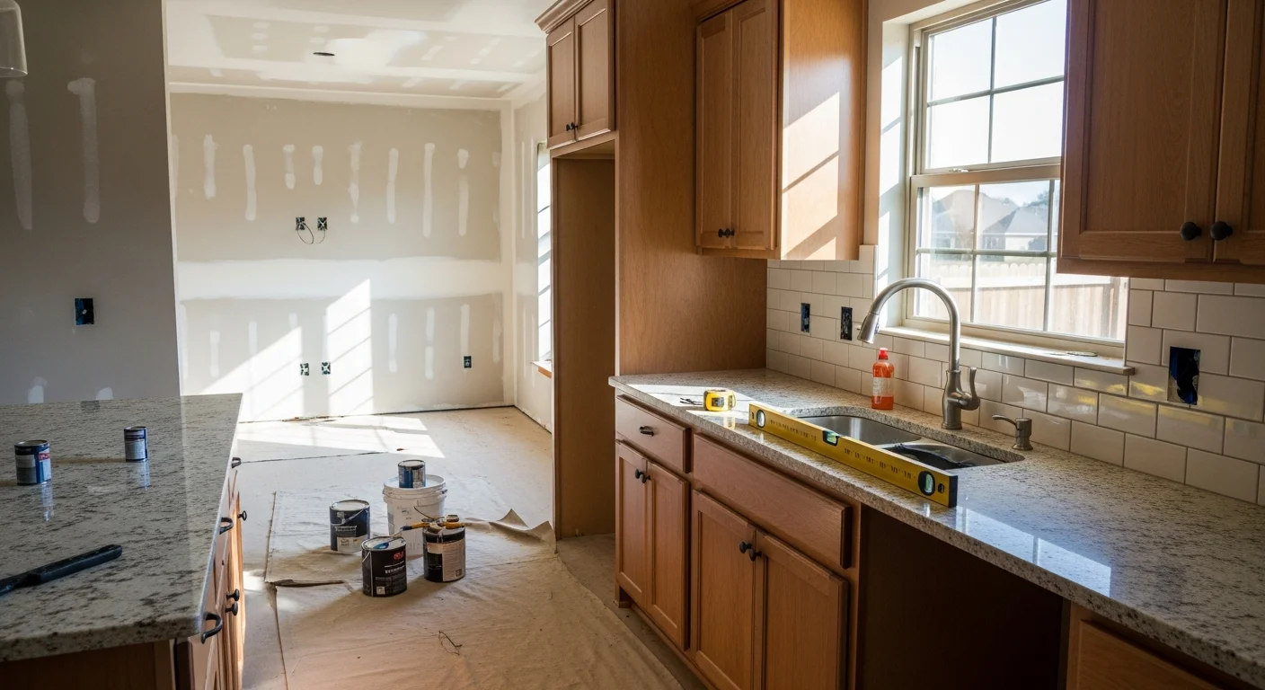 Renovated Oklahoma City home interior showing an updated open-concept kitchen and living area with modern fixtures and fresh finishes. Exterior view of the same Oklahoma City property after renovation, with improved siding and a covered outdoor living space.