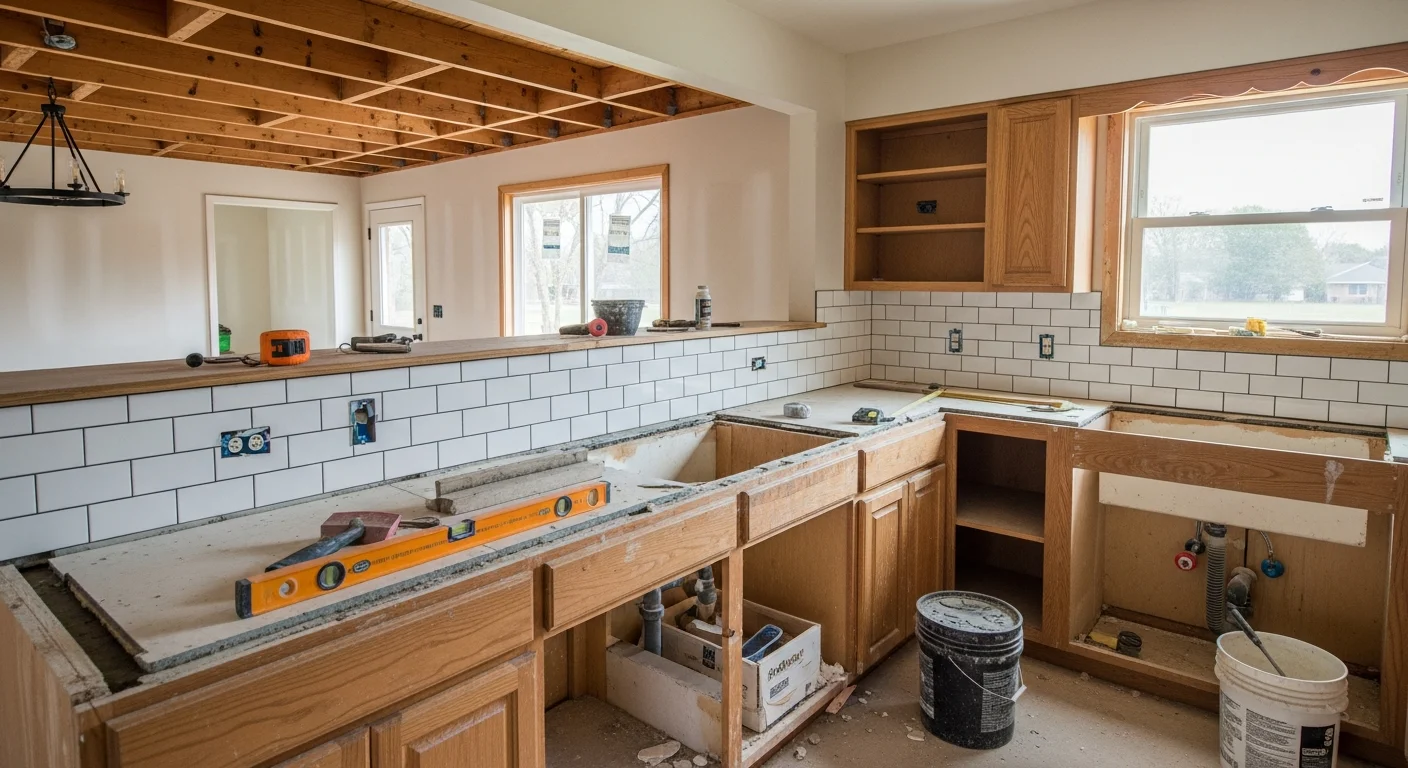 Remodeled kitchen interior in an Oklahoma City home showing new cabinetry, updated countertops, and an open layout connecting to the dining area. Work completed by Thin Line Roofing and Construction.
