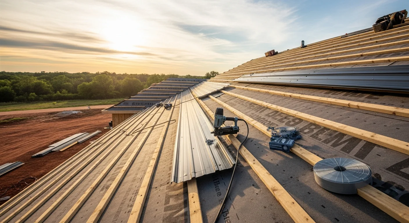 Completed metal roof installation on a residential home in Oklahoma City, showing clean panel runs, finished ridge cap, and tight flashing around roof penetrations. The roof is viewed from street level against a clear Oklahoma sky.