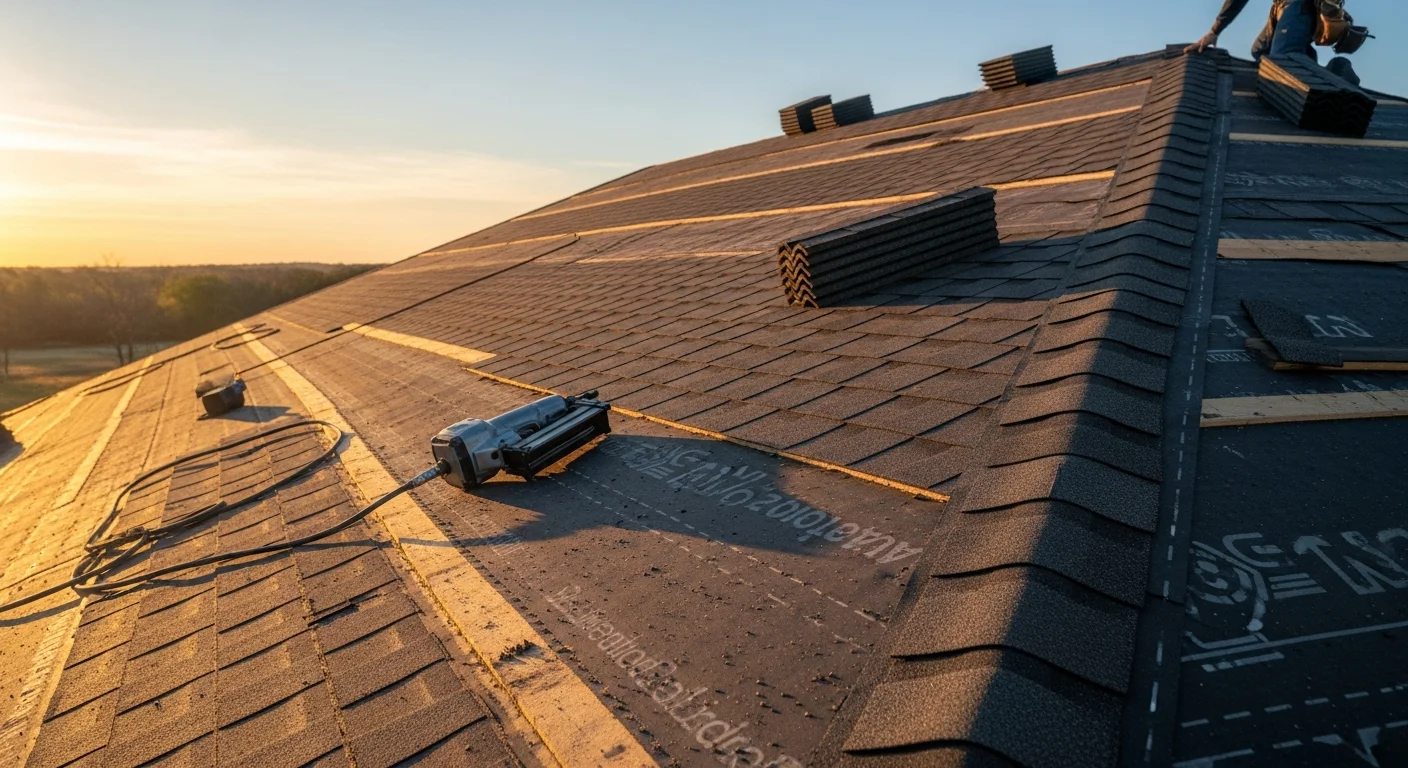 A completed residential roof installation on a single-story Oklahoma City home, showing clean shingle lines and new ridge cap against a clear sky. The finished roof covers the full structure with uniform coverage and no visible gaps or lifted edges.