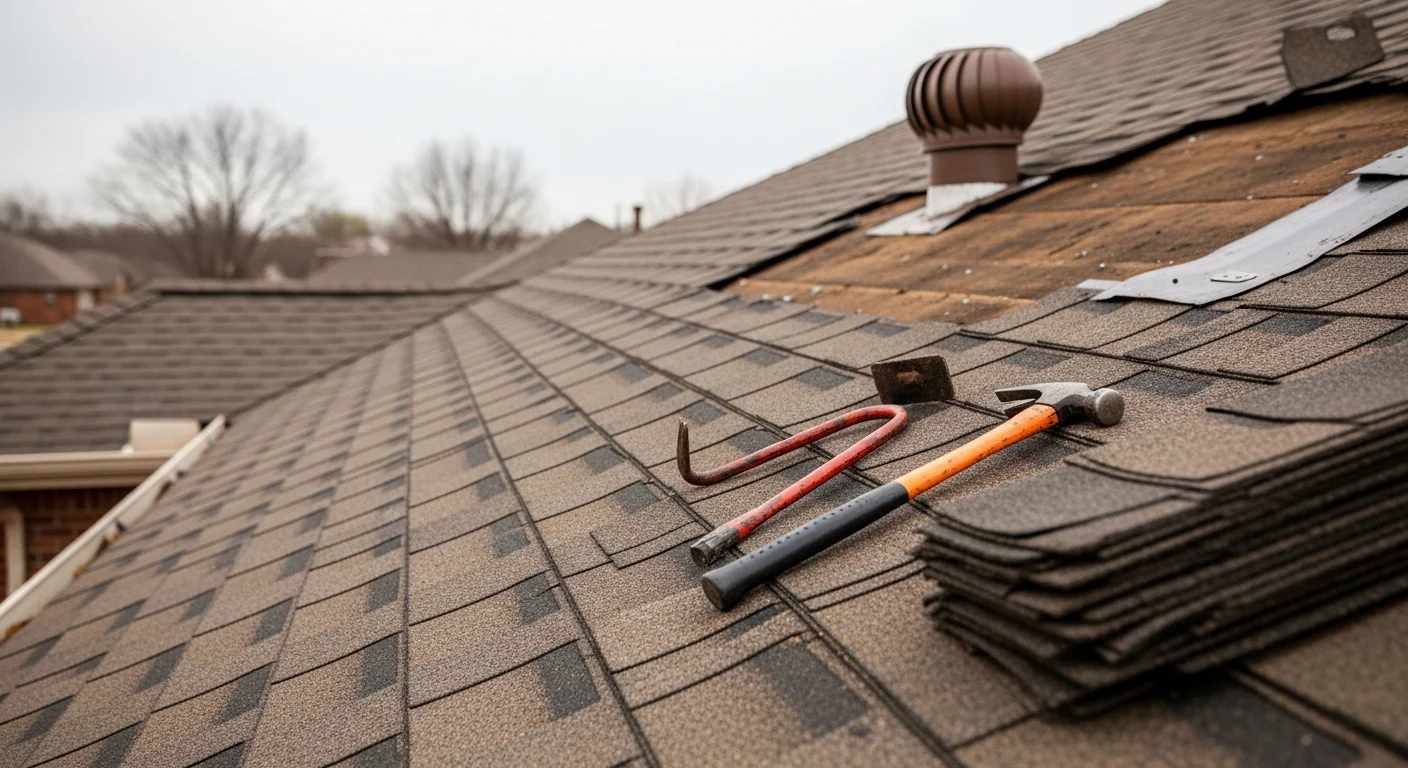 A Thin Line Roofing and Construction crew member inspecting and repairing storm-damaged shingles on a residential roof in Oklahoma City. Close-up view shows replaced shingles and resealed flashing on an OKC home after a hail event.