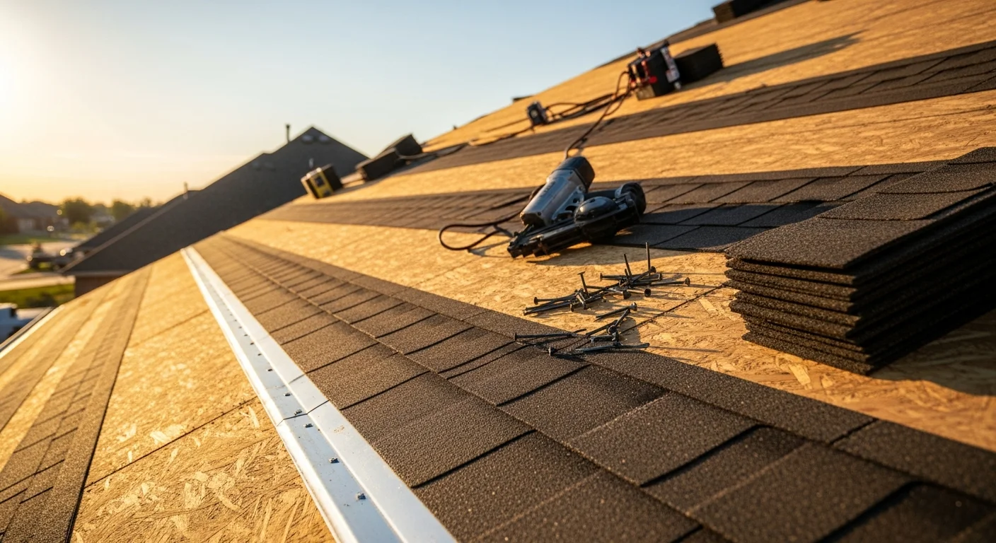 A completed residential roof replacement on an Oklahoma City home, showing new shingles, clean ridge caps, and replaced flashing around roof penetrations. The surrounding neighborhood reflects a typical central Oklahoma residential street with open sky overhead.